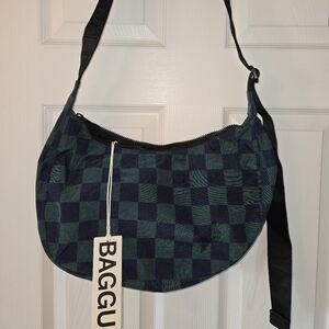 Baggu Medium Crescent Bag In Navy Green Check